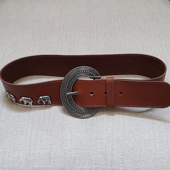 Brown Leather Wide Belt with Ornate Silver Buckle & Silver Elephant Studs Size S - Picture 8 of 10